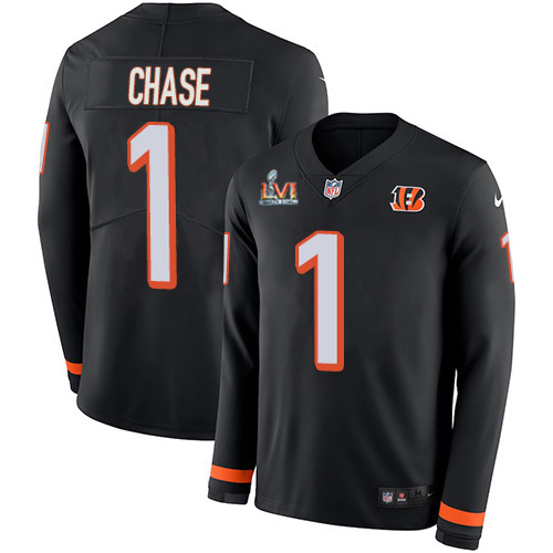 Bengals #1 Ja'Marr Chase Black Team Color Super Bowl LVI Patch Men's Stitched Limited Therma Long Sleeve Jersey cheap jerseys for sale - CheapJerseys.Shop