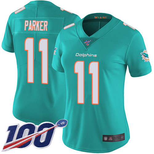 Miami Dolphins #11 DeVante Parker Aqua Green Team Color Women's Stitched 100th Season Vapor Limited Jersey Womens cheap jerseys for sale - CheapJerseys.Shop