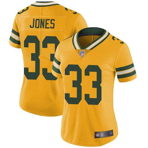 Packers #33 Aaron Jones Yellow Women's Stitched Limited Rush Jersey cheap jerseys for sale - CheapJerseys.Shop
