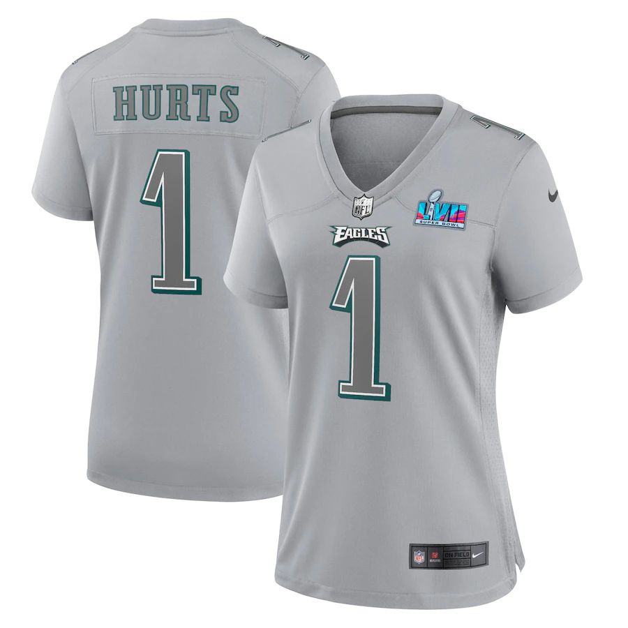 Philadelphia Eagles #1 Jalen Hurts Women's Super Bowl LVII Patch Atmosphere Fashion Game Jersey - Gray cheap jerseys for sale - CheapJerseys.Shop