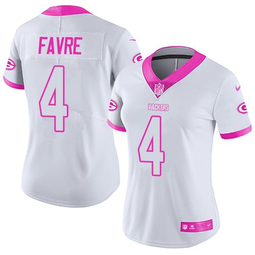 Green Bay Packers #4 Brett Favre White/Pink Women's Stitched Limited Rush Fashion Jersey Womens cheap jerseys for sale - CheapJerseys.Shop