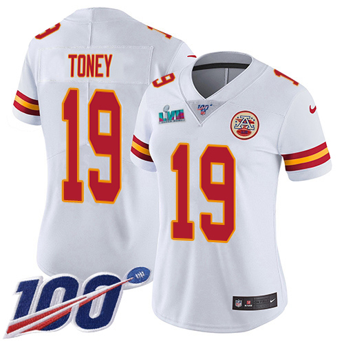 Chiefs #19 Kadarius Toney White Super Bowl LVII Patch Women's Stitched 100th Season Vapor Limited Jersey cheap jerseys for sale - CheapJerseys.Shop