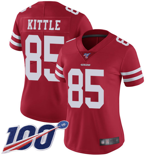 49ers #85 George Kittle Red Team Color Women's Stitched 100th Season Vapor Limited Jersey cheap jerseys for sale - CheapJerseys.Shop