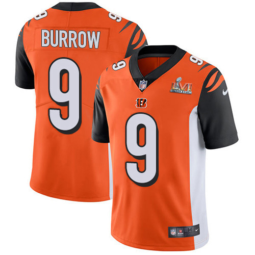 Bengals #9 Joe Burrow Orange Alternate Super Bowl LVI Patch Men's Stitched Vapor Untouchable Limited Jersey cheap jerseys for sale - CheapJerseys.Shop
