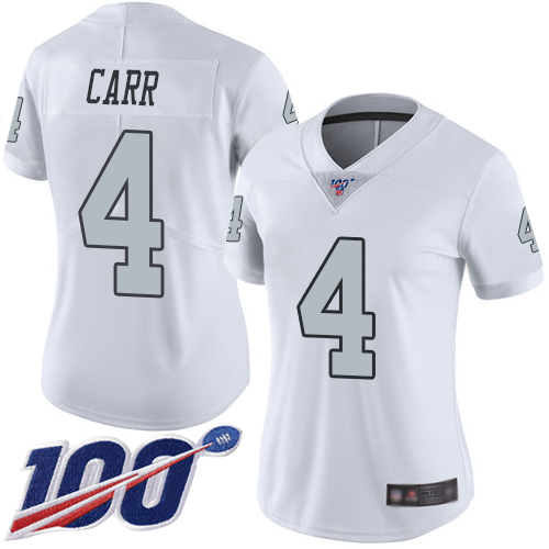 Raiders #4 Derek Carr White Women's Stitched Limited Rush 100th Season Jersey cheap jerseys for sale - CheapJerseys.Shop