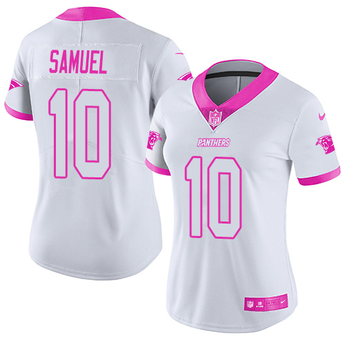 Carolina Panthers #10 Curtis Samuel White/Pink Women's Stitched Limited Rush Fashion Jersey Womens cheap jerseys for sale - CheapJerseys.Shop