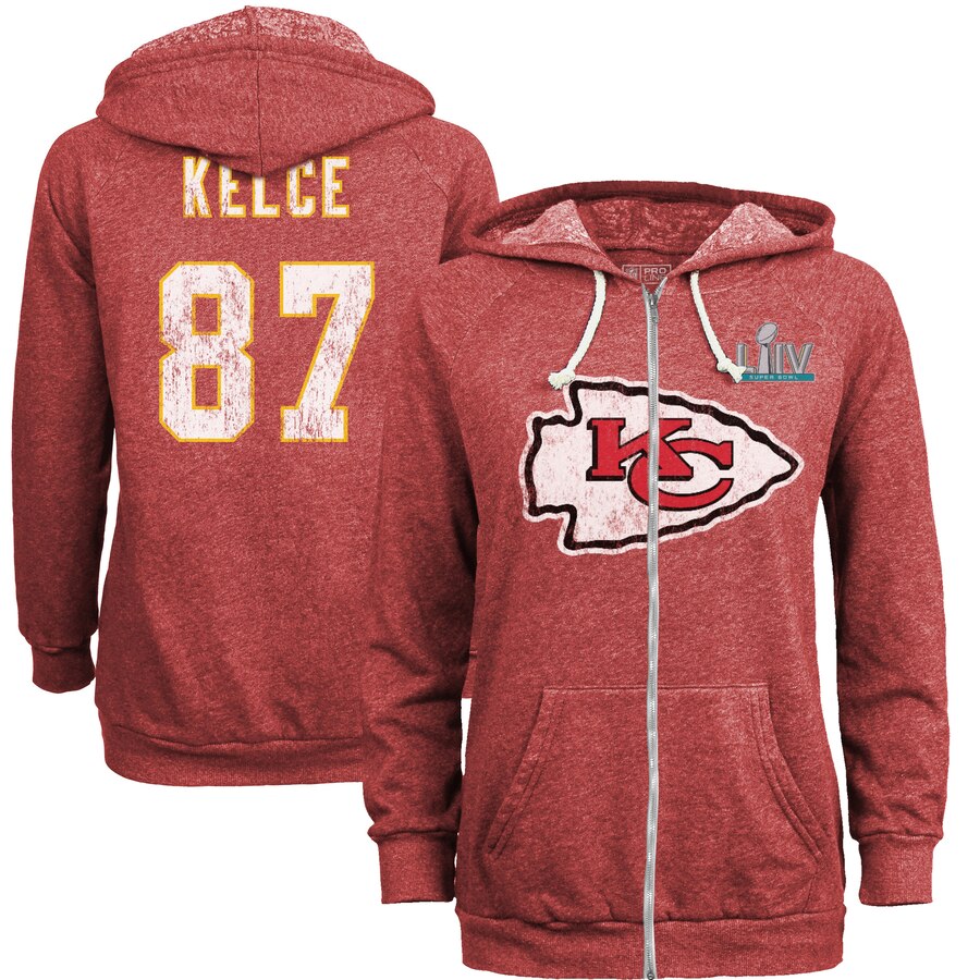 Women's Kansas City Chiefs #87 Travis Kelce Red Super Bowl LIV Bound Player Name & Number Full-Zip Hoodie cheap jerseys for sale - CheapJerseys.Shop