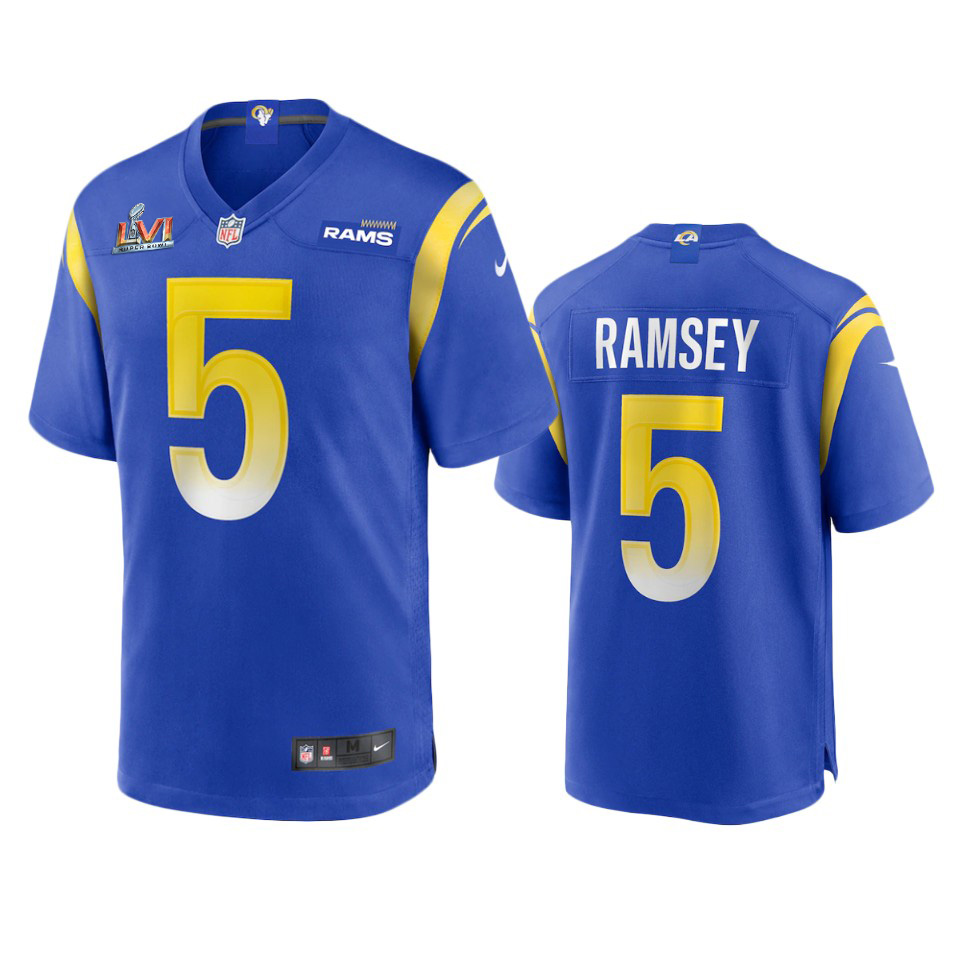 Los Angeles Rams #5 Jalen Ramsey Men's Super Bowl LVI Patch Game Jersey - Royal cheap jerseys for sale - CheapJerseys.Shop