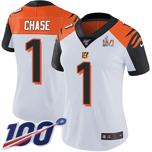 Bengals #1 Ja'Marr Chase White Super Bowl LVI Patch Women's Stitched 100th Season Vapor Untouchable Limited Jersey cheap jerseys for sale - CheapJerseys.Shop