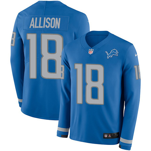 Detroit Lions #18 Geronimo Allison Blue Team Color Men's Stitched Limited Therma Long Sleeve Jersey Men's cheap jerseys for sale - CheapJerseys.Shop