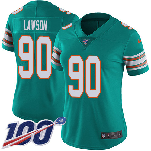 Miami Dolphins #90 Shaq Lawson Aqua Green Alternate Women's Stitched 100th Season Vapor Untouchable Limited Jersey Womens cheap jerseys for sale - CheapJerseys.Shop