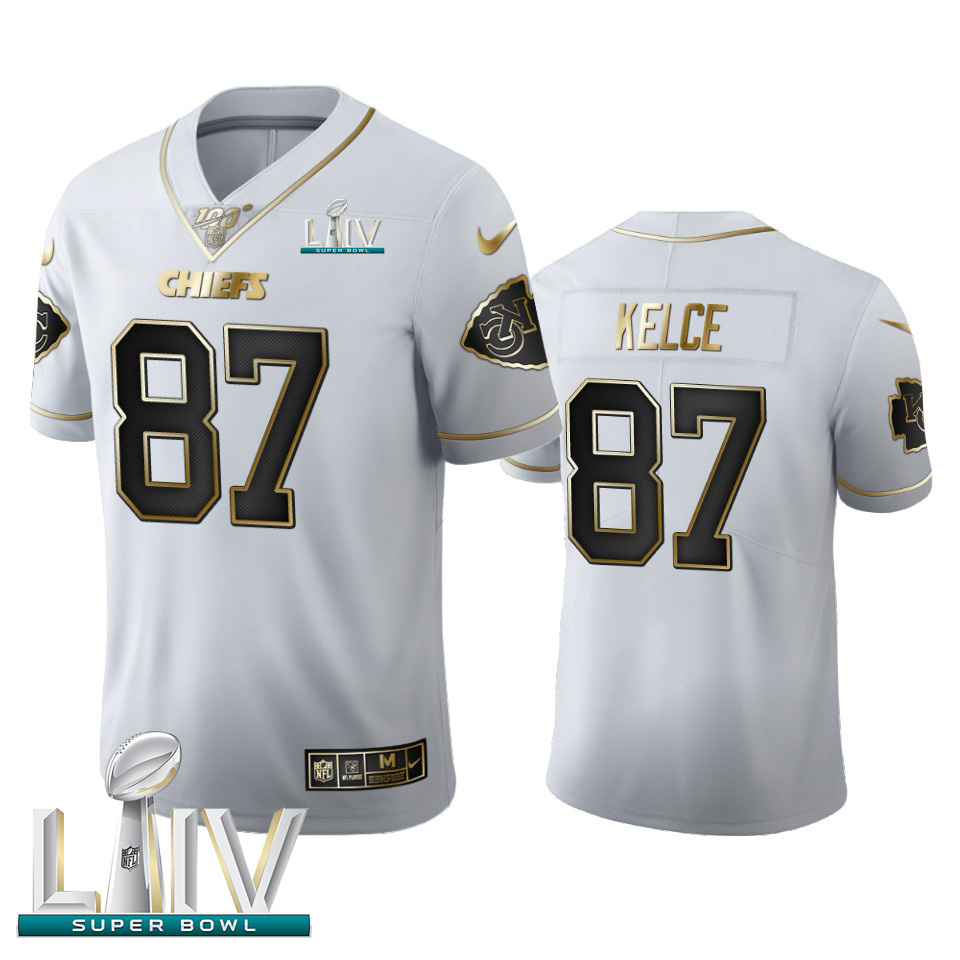 Kansas City Chiefs #87 Travis Kelce Men's White Golden Super Bowl LIV 2020 Edition Vapor Limited 100 Jersey cheap jerseys for sale - CheapJerseys.Shop