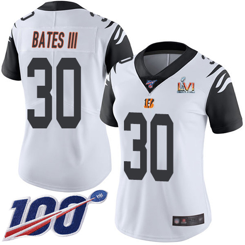 Bengals #30 Jessie Bates White Super Bowl LVI Patch Women's Stitched Limited Rush 100th Season Jersey cheap jerseys for sale - CheapJerseys.Shop