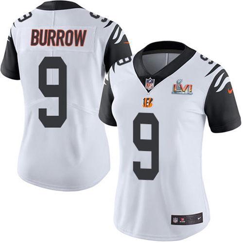 Bengals #9 Joe Burrow White Super Bowl LVI Patch Women's Stitched Limited Rush Jersey cheap jerseys for sale - CheapJerseys.Shop