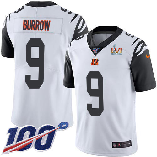 Bengals #9 Joe Burrow White Super Bowl LVI Patch Men's Stitched Limited Rush 100th Season Jersey cheap jerseys for sale - CheapJerseys.Shop
