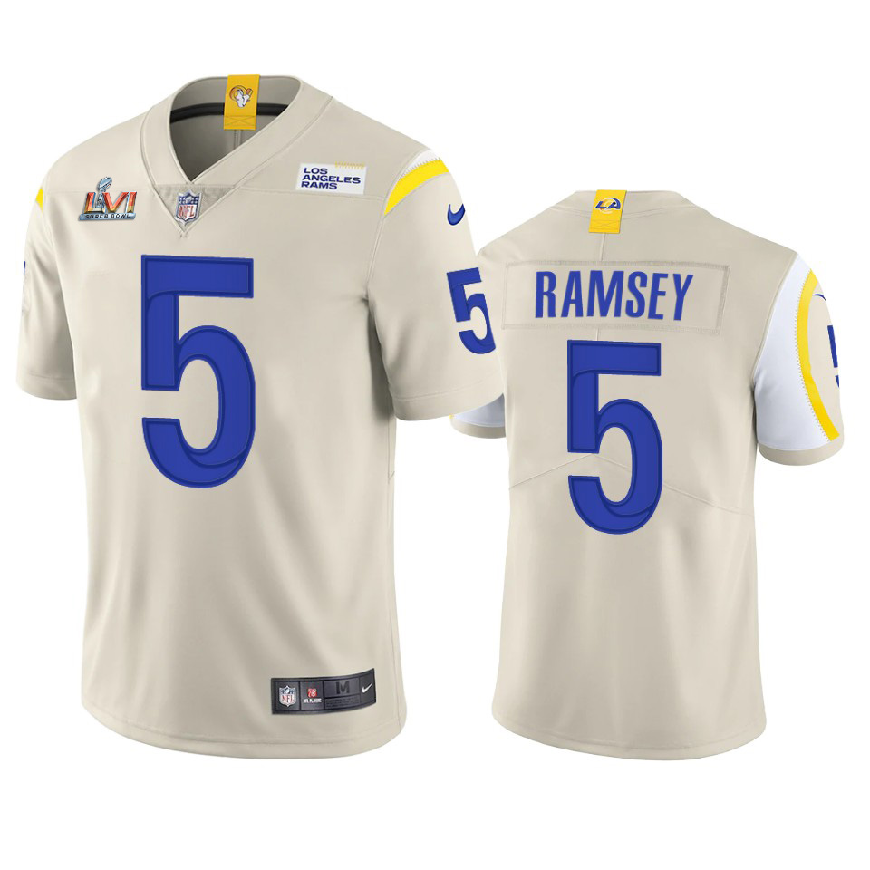 Los Angeles Rams #5 Jalen Ramsey Men's Super Bowl LVI Patch Vapor Limited Jersey - Bone cheap jerseys for sale - CheapJerseys.Shop