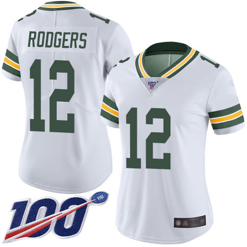 Packers #12 Aaron Rodgers White Women's Stitched 100th Season Vapor Limited Jersey cheap jerseys for sale - CheapJerseys.Shop