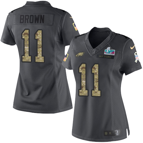 Eagles #11 A.J. Brown Black Super Bowl LVII Patch Women's Stitched Limited 2016 Salute To Service Jersey cheap jerseys for sale - CheapJerseys.Shop