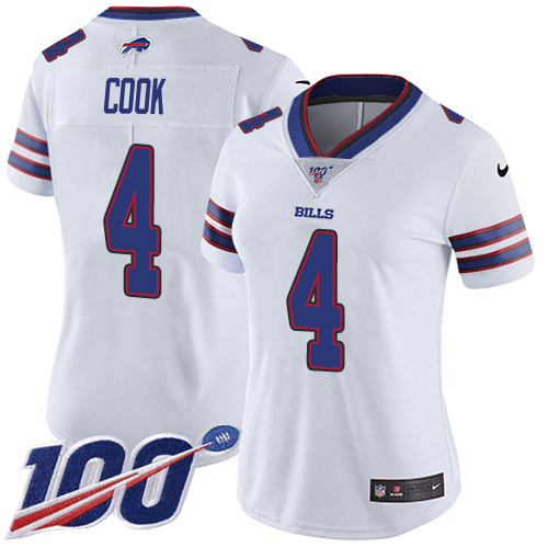 Bills #4 James Cook White Women's Stitched 100th Season Vapor Untouchable Limited Jersey cheap jerseys for sale - CheapJerseys.Shop