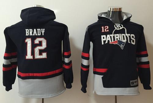 Patriots #12 Tom Brady Navy Blue/Grey Youth Name & Number Pullover Hoodie cheap jerseys for sale - CheapJerseys.Shop