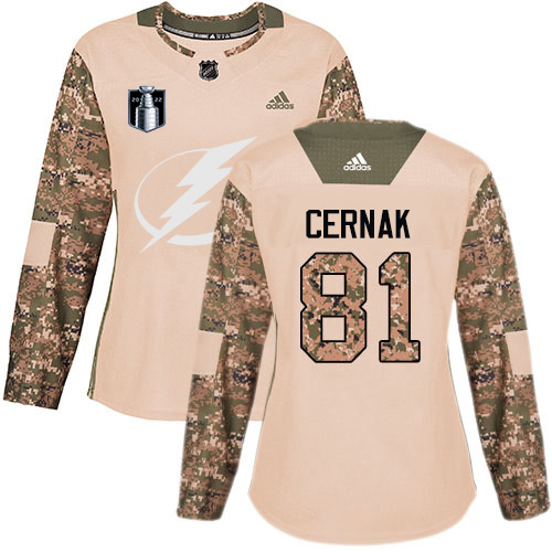 Tampa Bay Lightning #81 Erik Cernak Camo Authentic 2022 Stanley Cup Final Patch Women's Veterans Day Stitched Jersey Womens cheap jerseys for sale - CheapJerseys.Shop