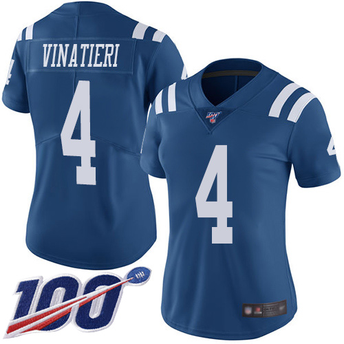 Indianapolis Colts #4 Adam Vinatieri Royal Blue Women's Stitched Limited Rush 100th Season Jersey Womens cheap jerseys for sale - CheapJerseys.Shop
