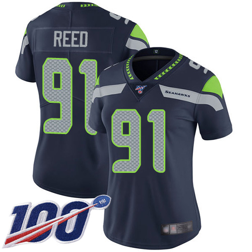 Seattle Seahawks #91 Jarran Reed Steel Blue Team Color Women's Stitched 100th Season Vapor Limited Jersey Womens cheap jerseys for sale - CheapJerseys.Shop