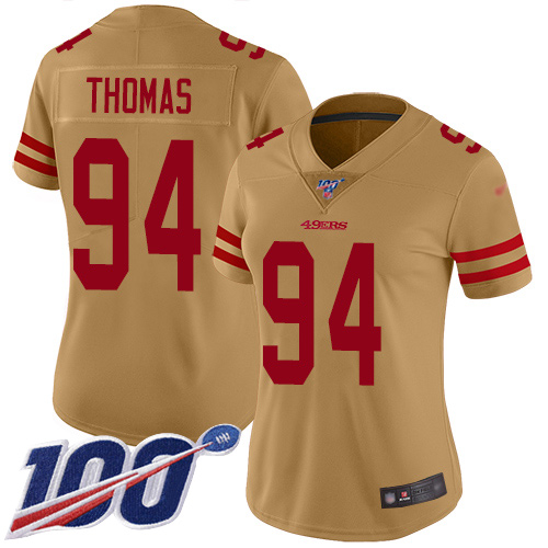 San Francisco 49ers #94 Solomon Thomas Gold Women's Stitched Limited Inverted Legend 100th Season Jersey Womens cheap jerseys for sale - CheapJerseys.Shop