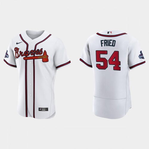 Atlanta Atlanta Braves #54 Max Fried Men's 2021 World Series Champions Patch Authentic Player Jersey - White Men's cheap jerseys for sale - CheapJerseys.Shop