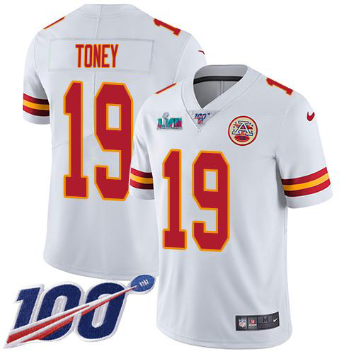 Chiefs #19 Kadarius Toney White Super Bowl LVII Patch Youth Stitched 100th Season Vapor Limited Jersey cheap jerseys for sale - CheapJerseys.Shop