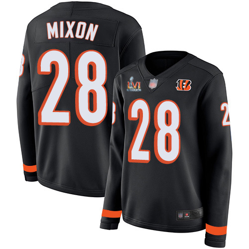 Bengals #28 Joe Mixon Black Team Color Super Bowl LVI Patch Women's Stitched Limited Therma Long Sleeve Jersey cheap jerseys for sale - CheapJerseys.Shop