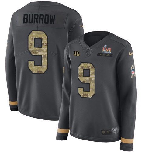 Bengals #9 Joe Burrow Anthracite Super Bowl LVI Patch Salute To Service Women's Stitched Limited Therma Long Sleeve Jersey cheap jerseys for sale - CheapJerseys.Shop