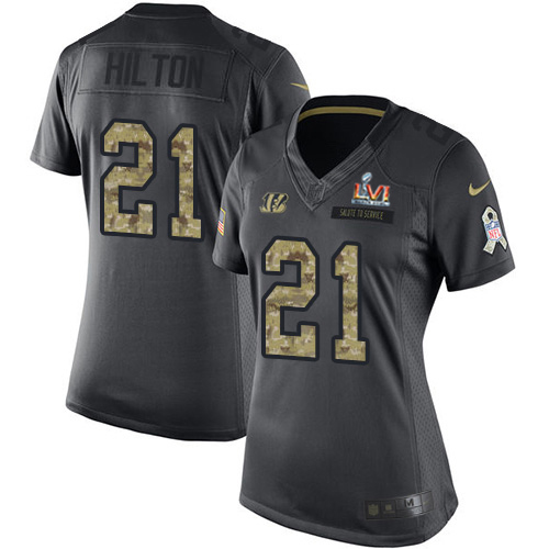 Cincinnati Bengals #21 Mike Hilton Black Super Bowl LVI Patch Women's Stitched Limited 2016 Salute to Service Jersey Womens cheap jerseys for sale - CheapJerseys.Shop