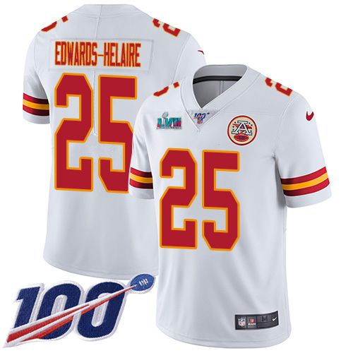 Chiefs #25 Clyde Edwards-Helaire White Super Bowl LVII Patch Youth Stitched 100th Season Vapor Limited Jersey cheap jerseys for sale - CheapJerseys.Shop