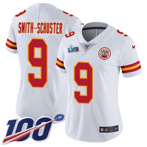 Chiefs #9 JuJu Smith-Schuster White Super Bowl LVII Patch Women's Stitched 100th Season Vapor Limited Jersey cheap jerseys for sale - CheapJerseys.Shop