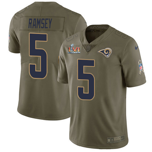 Rams #5 Jalen Ramsey Olive Super Bowl LVI Patch Men's Stitched Limited 2017 Salute To Service Jersey cheap jerseys for sale - CheapJerseys.Shop