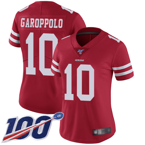 49ers #10 Jimmy Garoppolo Red Team Color Women's Stitched 100th Season Vapor Limited Jersey cheap jerseys for sale - CheapJerseys.Shop