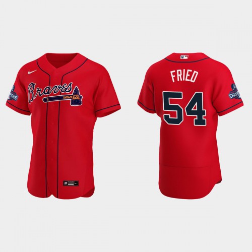 Atlanta Atlanta Braves #54 Max Fried Men's 2021 World Series Champions Patch Authentic Player Jersey - Red Men's cheap jerseys for sale - CheapJerseys.Shop