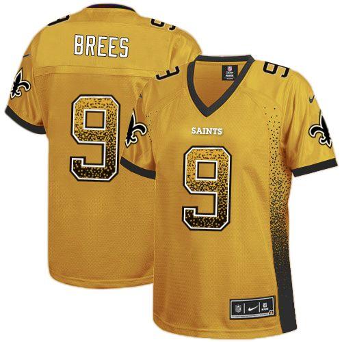 Saints #9 Drew Brees Gold Women's Stitched Elite Drift Fashion Jersey cheap jerseys for sale - CheapJerseys.Shop