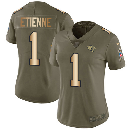 Jaguars #1 Travis Etienne Olive/Gold Women's Stitched Limited 2017 Salute To Service Jersey cheap jerseys for sale - CheapJerseys.Shop
