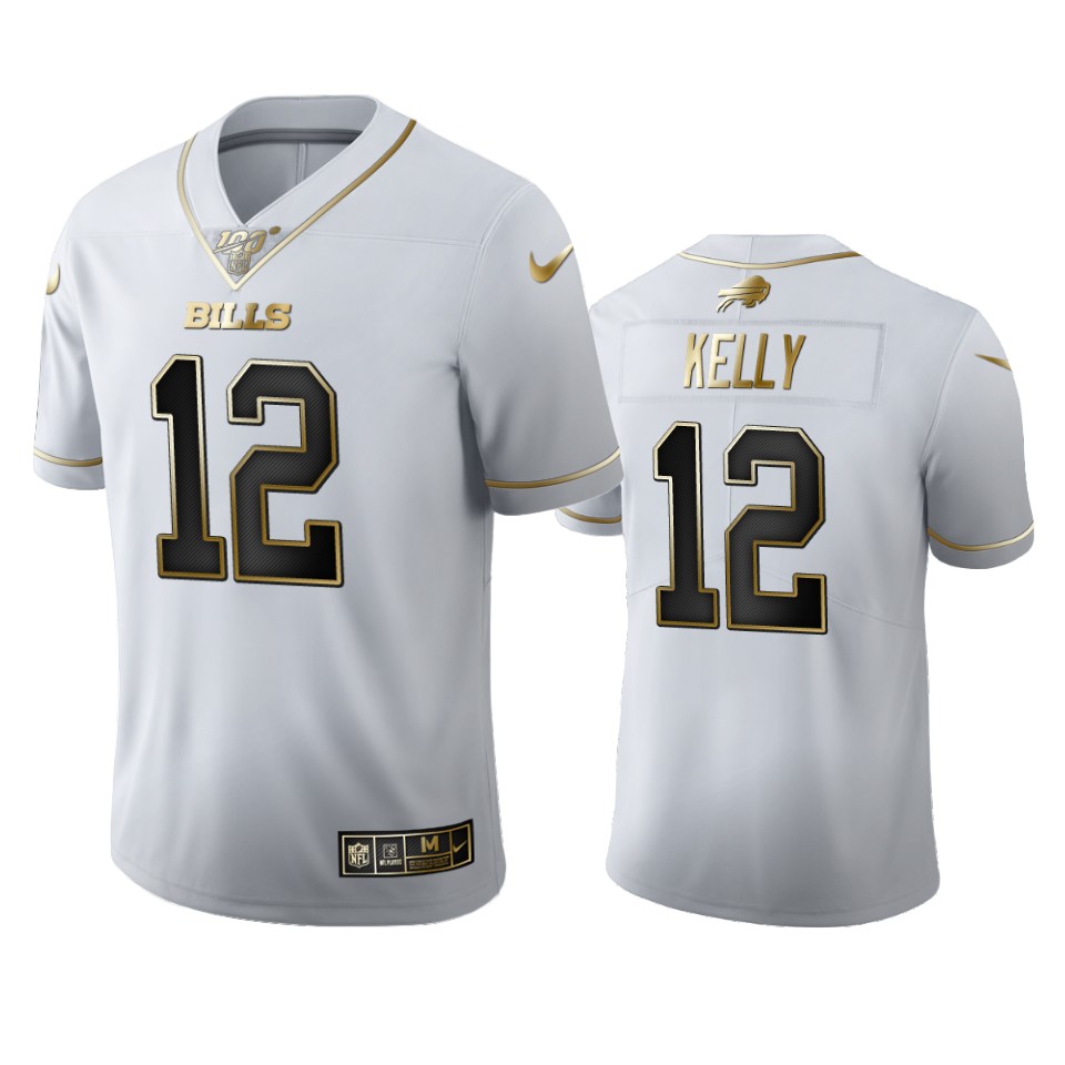 Buffalo Bills #12 Jim Kelly Men's White Golden Edition Vapor Limited 100 Jersey cheap jerseys for sale - CheapJerseys.Shop