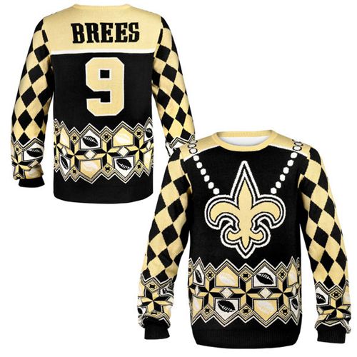 Saints #9 Drew Brees Black/Gold Men's Ugly Sweater cheap jerseys for sale - CheapJerseys.Shop