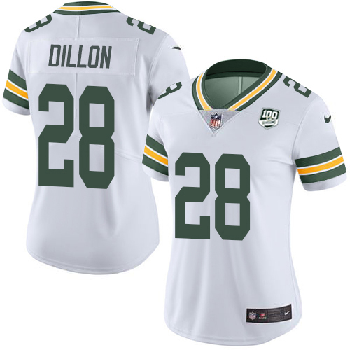Packers #28 AJ Dillon White Women's 100th Season Stitched Vapor Untouchable Limited Jersey cheap jerseys for sale - CheapJerseys.Shop