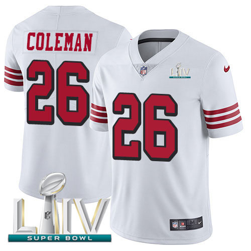 San Francisco 49ers #26 Tevin Coleman White Super Bowl LIV 2020 Rush Men's Stitched Vapor Untouchable Limited Jersey Men's cheap jerseys for sale - CheapJerseys.Shop