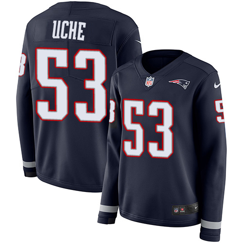 New England Patriots #53 Josh Uche Navy Blue Team Color Women's Stitched Limited Therma Long Sleeve Jersey Womens cheap jerseys for sale - CheapJerseys.Shop