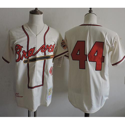Mitchell And Ness 1957 Atlanta Braves #44 Hank Aaron Cream Throwback Stitched Jersey Men's cheap jerseys for sale - CheapJerseys.Shop