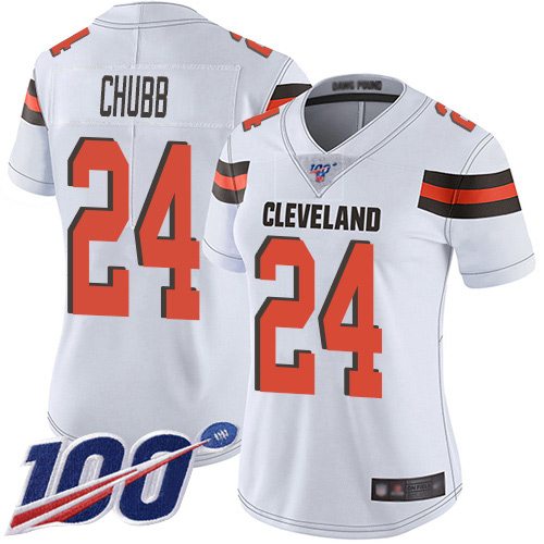 Browns #24 Nick Chubb White Women's Stitched 100th Season Vapor Limited Jersey cheap jerseys for sale - CheapJerseys.Shop