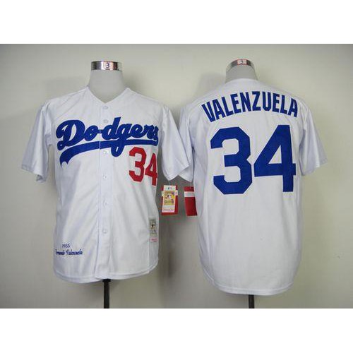 Mitchell And Ness 1955 Los Angeles Dodgers #34 Fernando Valenzuela White Throwback Stitched Jersey Men's cheap jerseys for sale - CheapJerseys.Shop