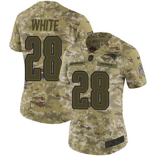 New England Patriots #28 James White Camo Women's Stitched Limited 2018 Salute to Service Jersey Womens cheap jerseys for sale - CheapJerseys.Shop