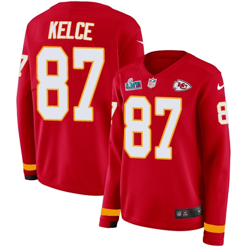Chiefs #87 Travis Kelce Red Team Color Super Bowl LVII Patch Women's Stitched Limited Therma Long Sleeve Jersey cheap jerseys for sale - CheapJerseys.Shop